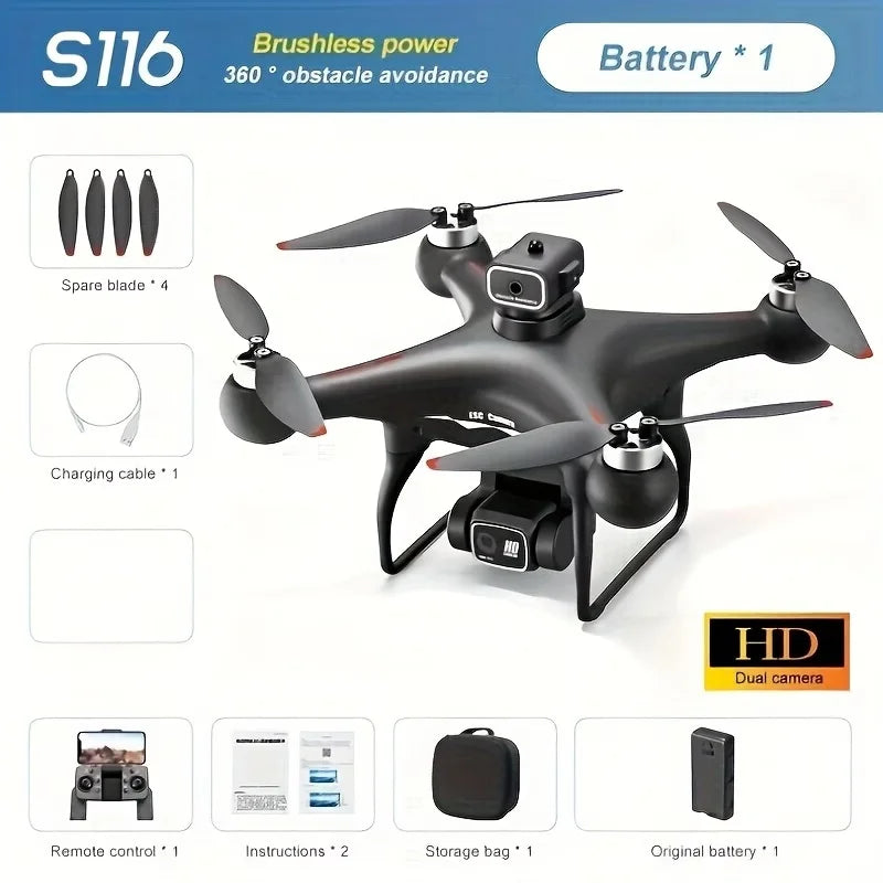 New Brushless Motor Optical Flow Positioning Drone S116,Built-in Electric Adjustable Camera Adjustable to 90° with LED Nightlight Drone Beginners' Favorite The Perfect Toy Gift,Perfect Toy & Gift for Adults,two batteries