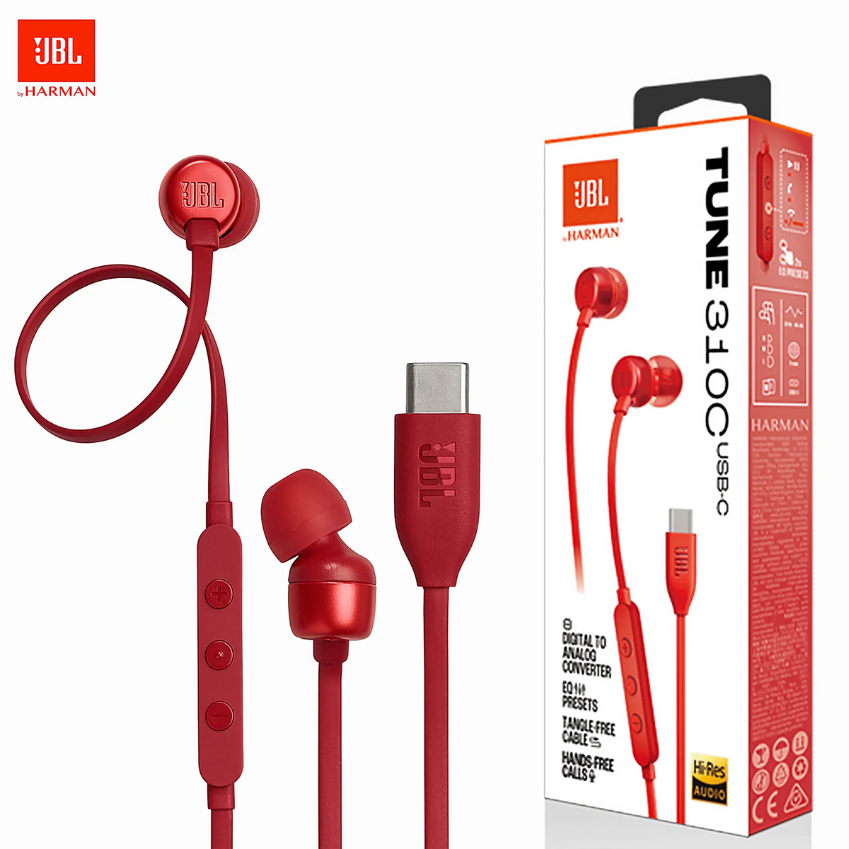JBL Tune 310C USB-C Wired Earbuds, Hi-Res Audio with Built-In DAC, 3-Button EQ Preset Remote with Microphone, Tangle-Free Flat Cable, Compatible with USB-C Devices