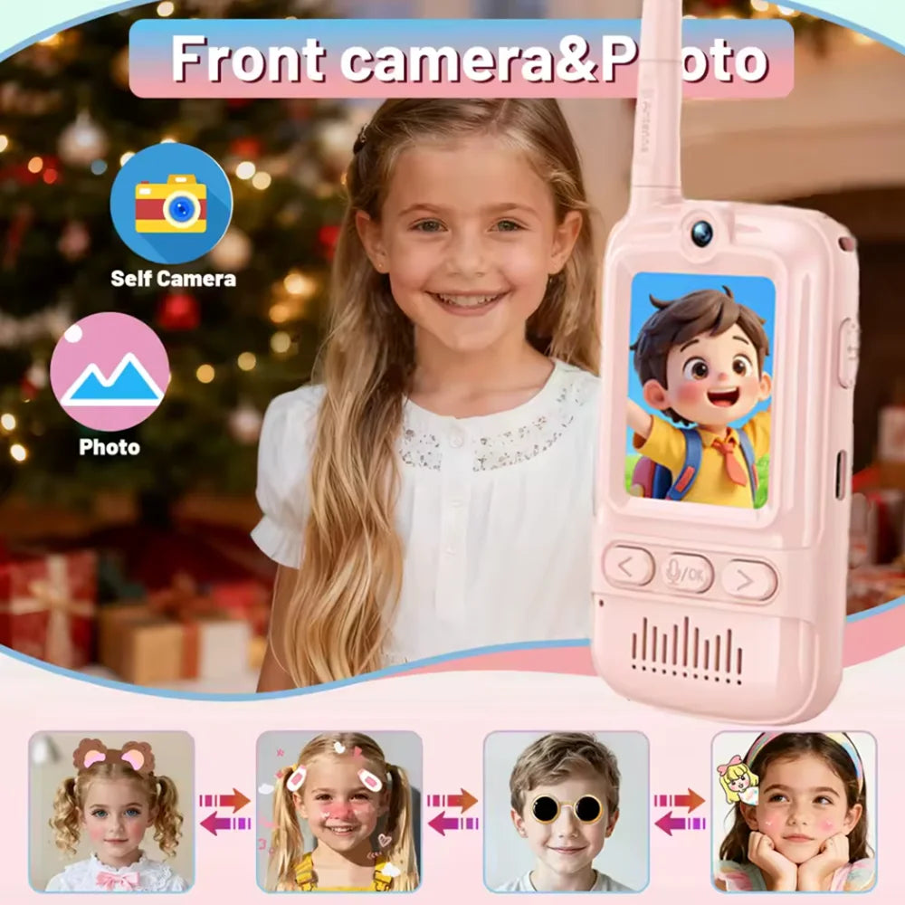 Kids Walkie‑Talkie Set Blue Pink 2Pcs Video Intercom Toy Rechargeable Portable Two‑Way Radio with Lanyard for Children Outdoor Camping Game Play