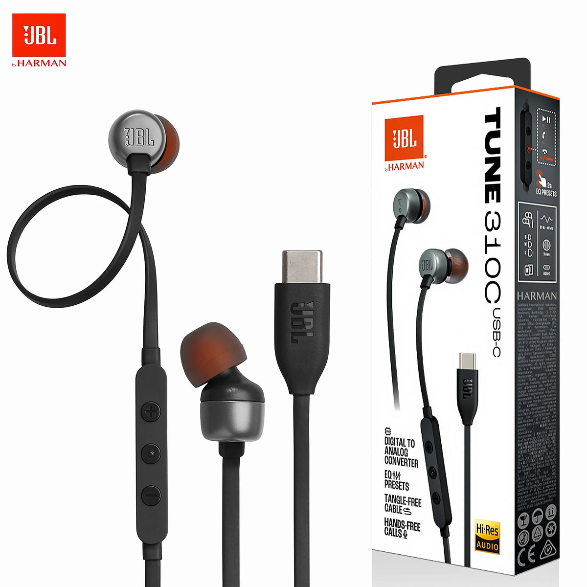 JBL Tune 310C USB-C Wired Earbuds, Hi-Res Audio with Built-In DAC, 3-Button EQ Preset Remote with Microphone, Tangle-Free Flat Cable, Compatible with USB-C Devices