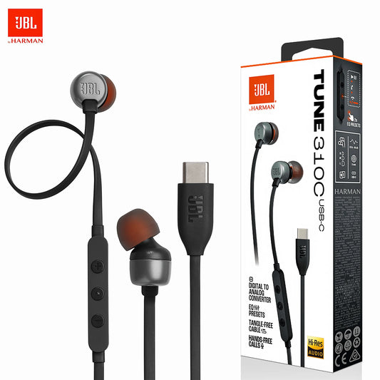 JBL Tune 310C USB-C Wired Earbuds, Hi-Res Audio with Built-In DAC, 3-Button EQ Preset Remote with Microphone, Tangle-Free Flat Cable, Compatible with USB-C Devices