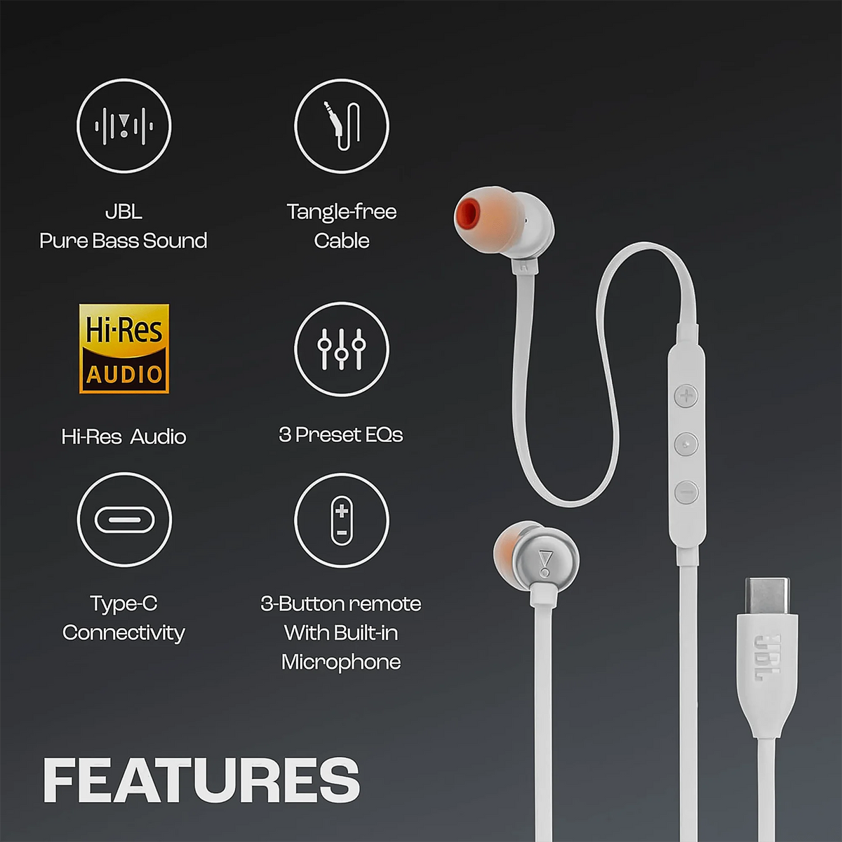 JBL Tune 310C USB-C Wired Earbuds, Hi-Res Audio with Built-In DAC, 3-Button EQ Preset Remote with Microphone, Tangle-Free Flat Cable, Compatible with USB-C Devices