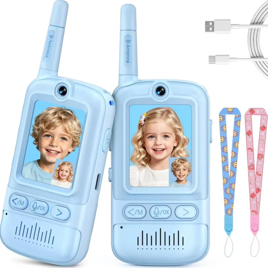 Kids Walkie‑Talkie Set Blue Pink 2Pcs Video Intercom Toy Rechargeable Portable Two‑Way Radio with Lanyard for Children Outdoor Camping Game Play