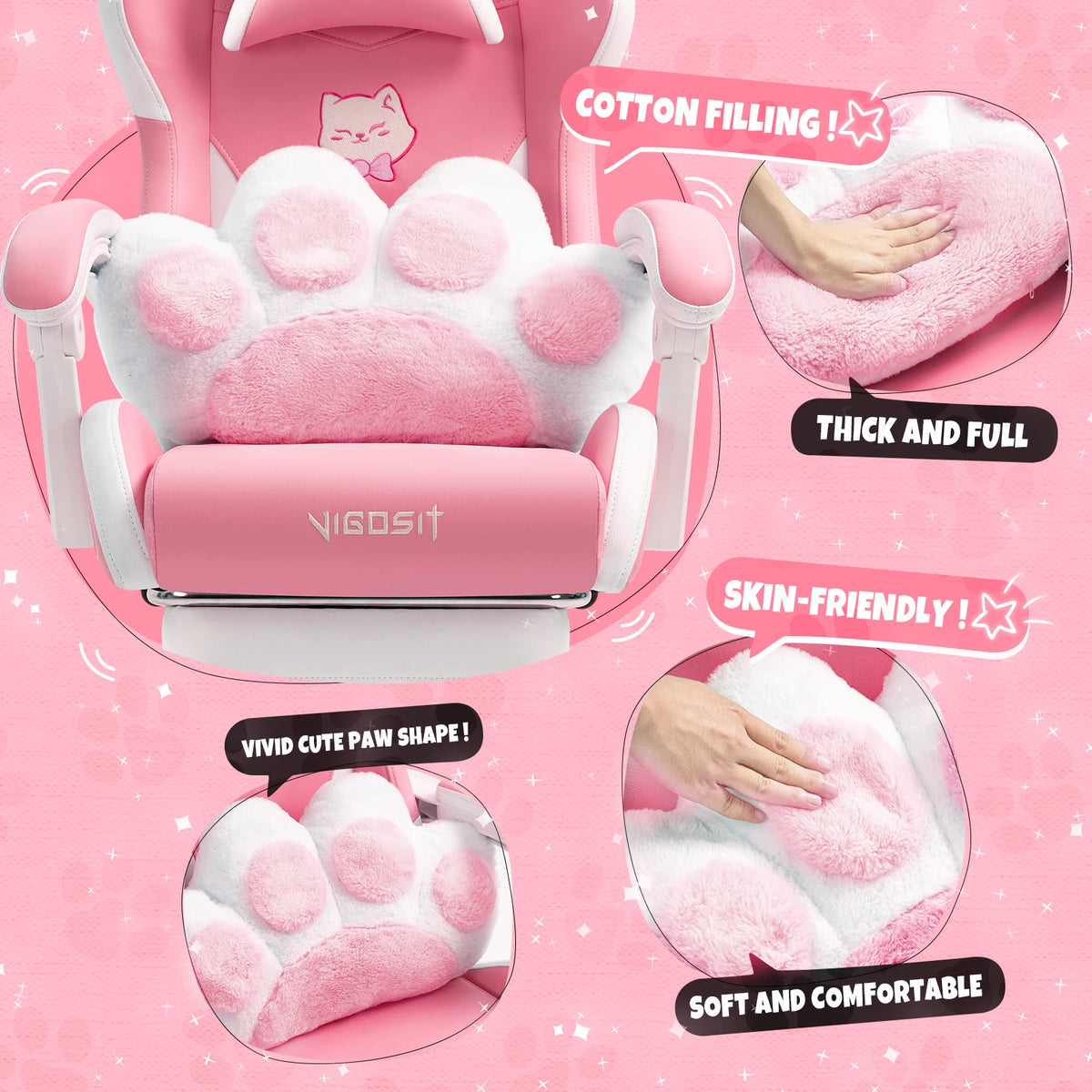 Vigosit Gaming Chair Cute Ears and Kawaii Pillow Ergonomic Computer Game Chair for Girls with Lumbar Support