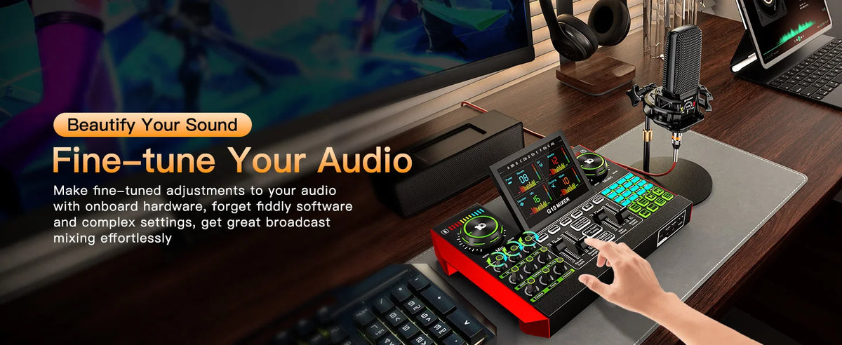 Tenlamp 6 Channe G10 Live Sound Card Audio Mixer with 3.5mm Mic XLR Gaming Interface,  G10-PKPRO Podcast Equipment Bundle Kit RGB DJ Effects for PC Smartphone Laptop Singing Streaming Recording YouTube Vlog