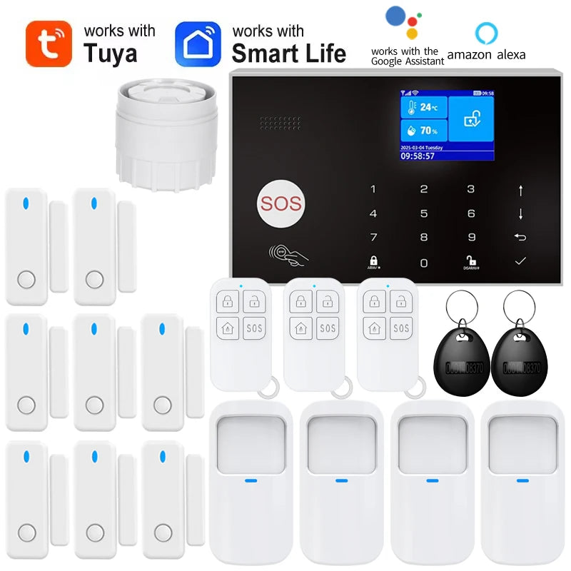 Alarm System for Home WIFI GSM Security Alarm Host Ant-theft with Door Gap PIR Motion Sensor Tuya Smart App control work Alexa