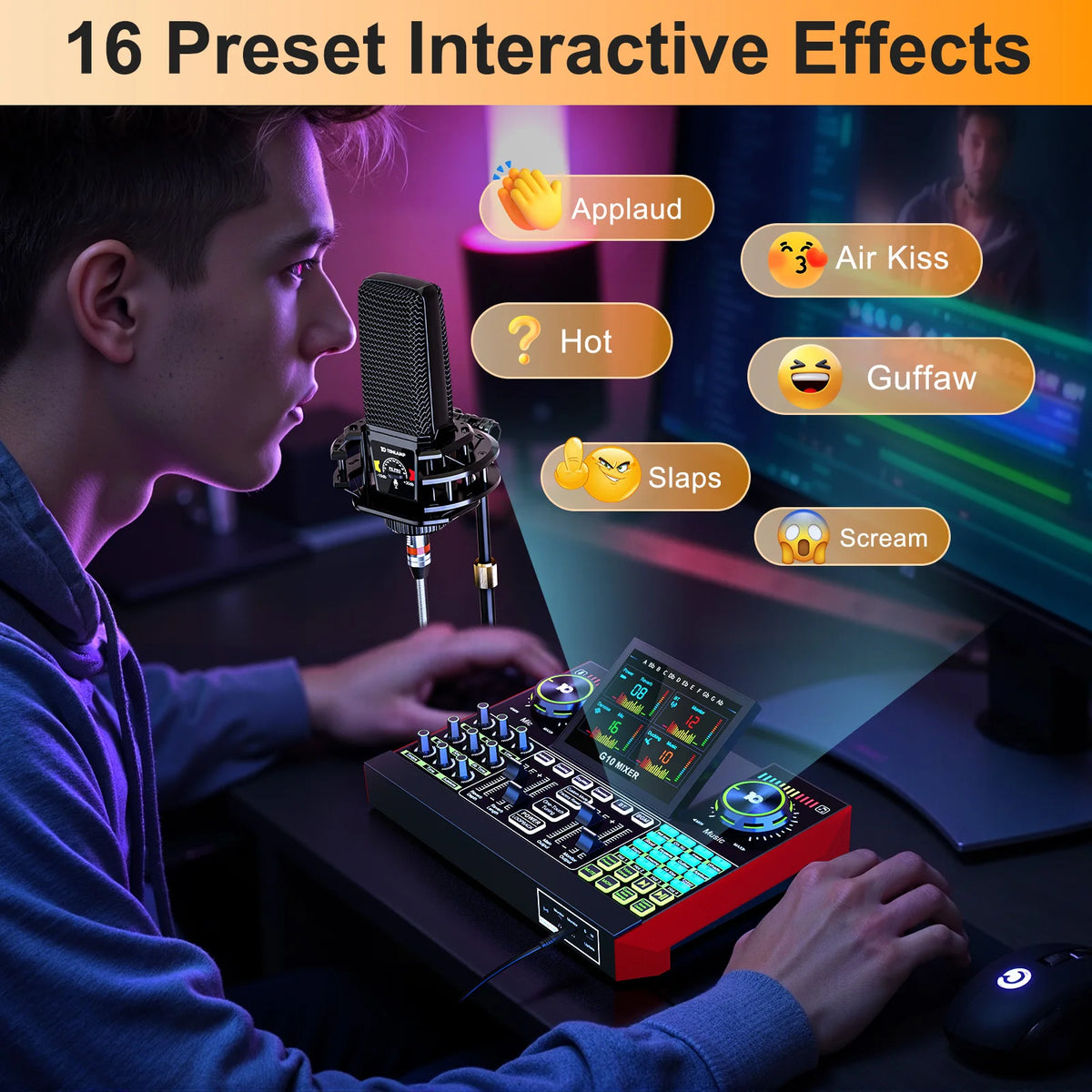 Tenlamp 6 Channe G10 Live Sound Card Audio Mixer with 3.5mm Mic XLR Gaming Interface,  G10-PKPRO Podcast Equipment Bundle Kit RGB DJ Effects for PC Smartphone Laptop Singing Streaming Recording YouTube Vlog