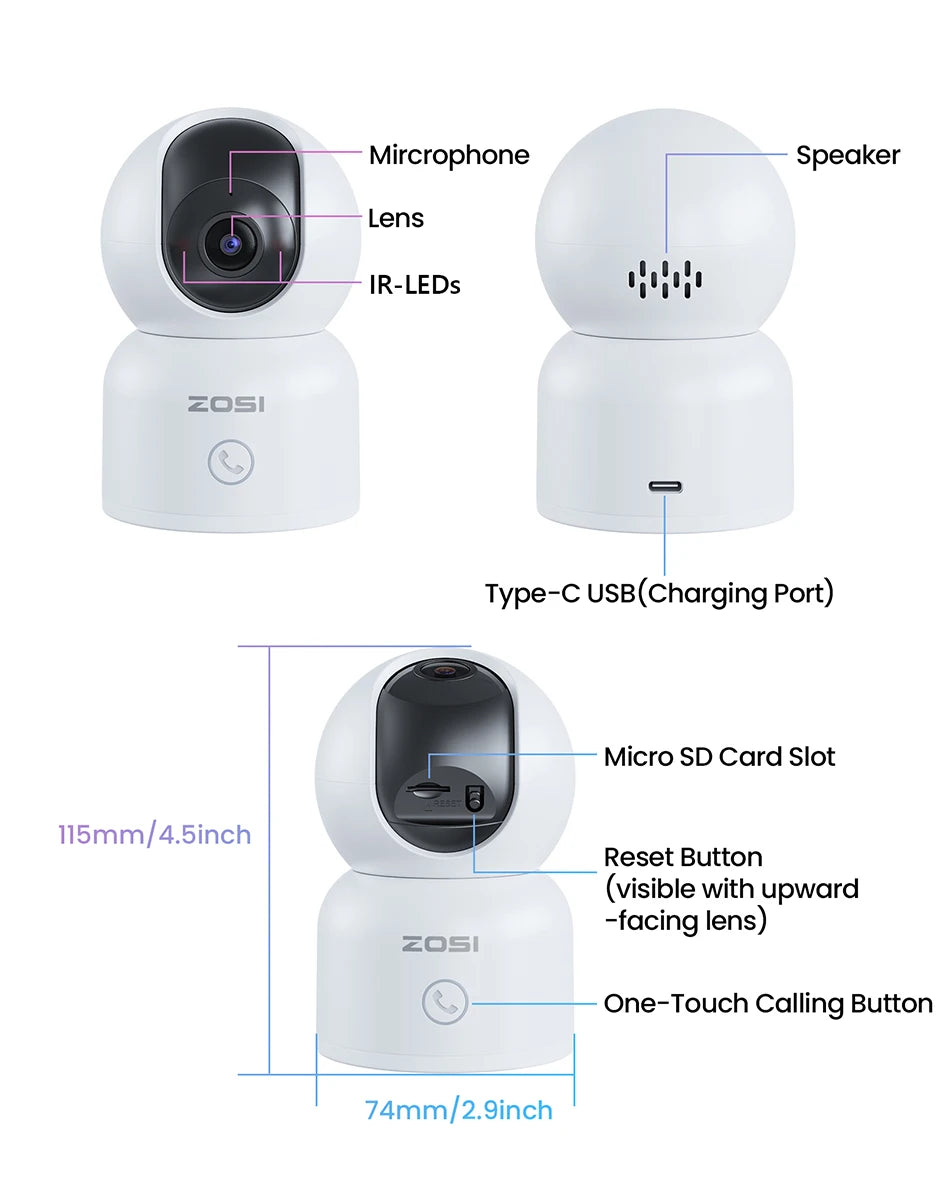 ZOSI 360° Smart Home Security Camera PTZ Auto Tracking Baby Monitor AI Panoramic HD Night Vision Indoor WiFi Surveillance Camera