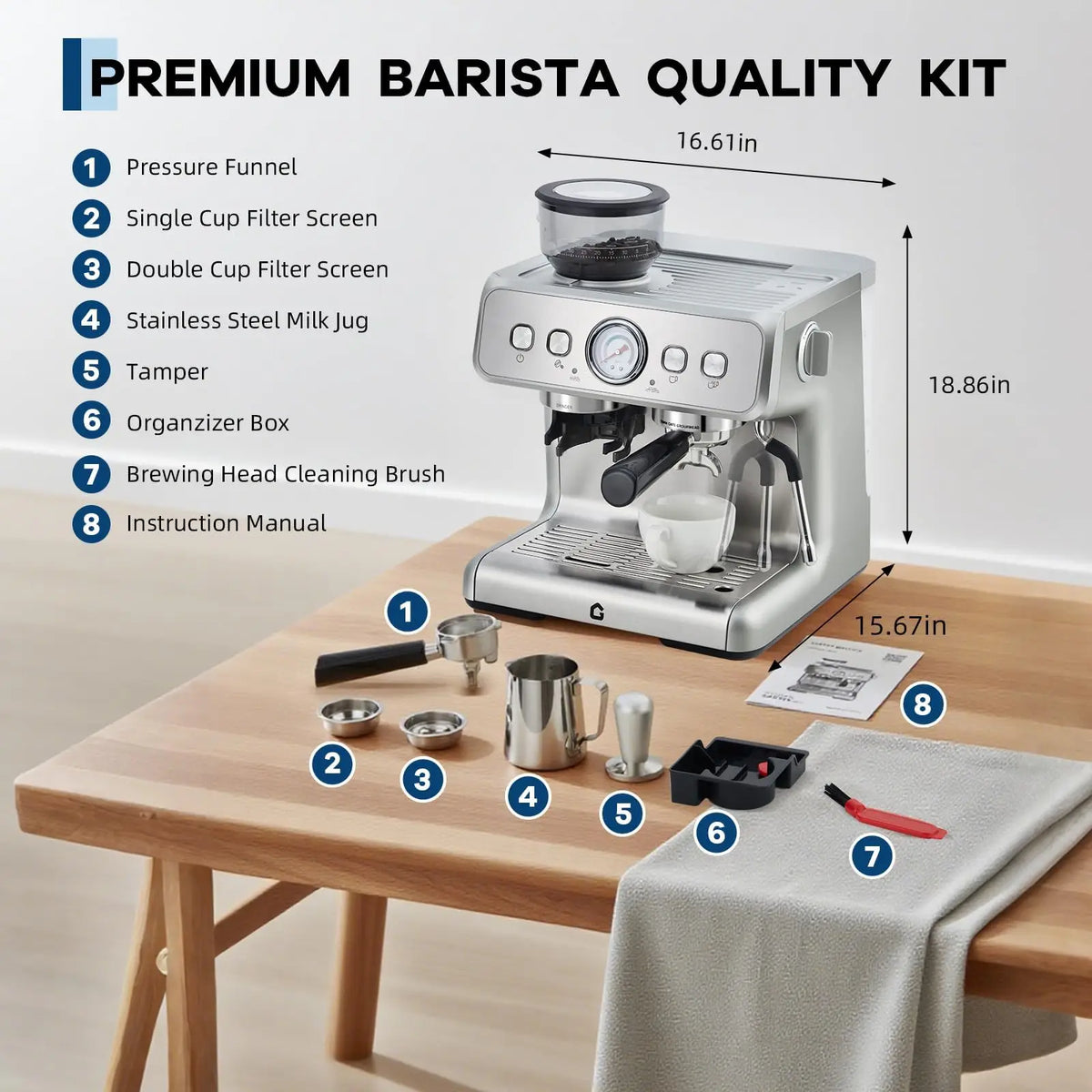 Espresso Machine With Grinder 20 Bar Stainless Steel Pressure Maker Featuring Removable 2.8L Water Tank Adjustable Shot Volume Professional For Home Barista And Office