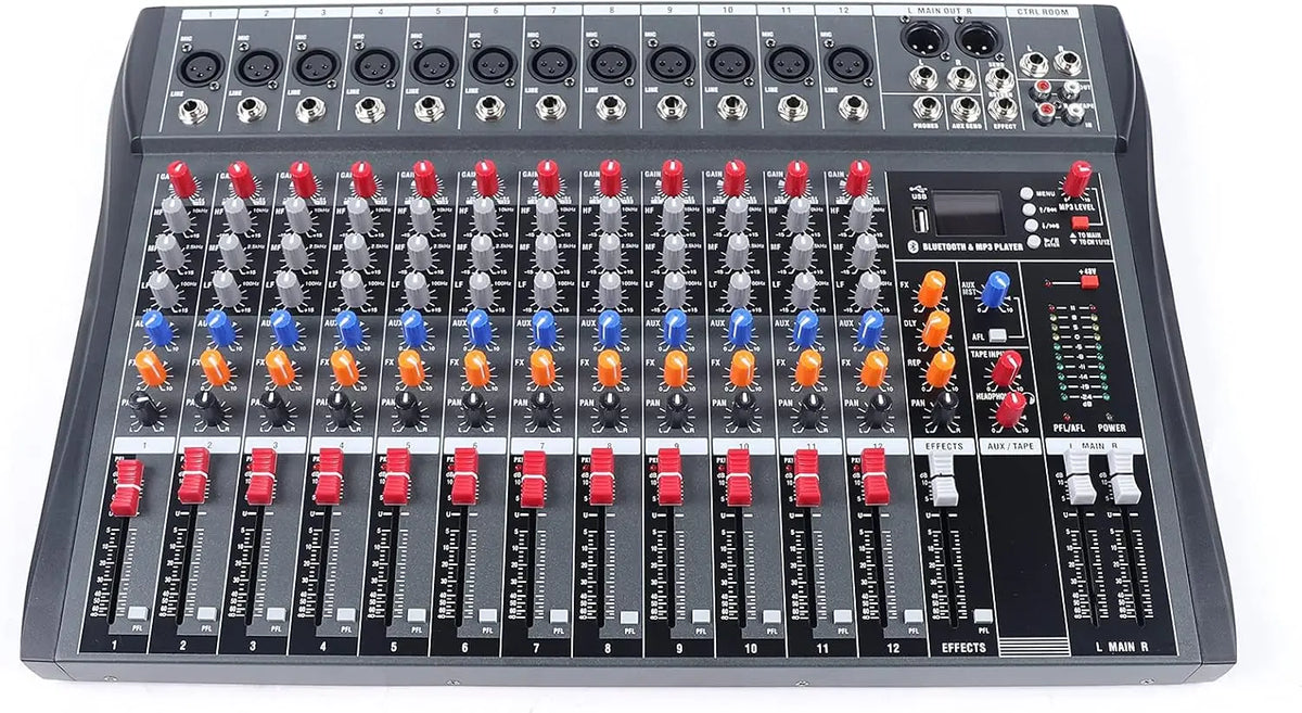 12 Channel Audio Mixer, DJ Bluetooth Mixing Console Sound Board USB Professional Mixer 48V Power XLR Microphone Jack