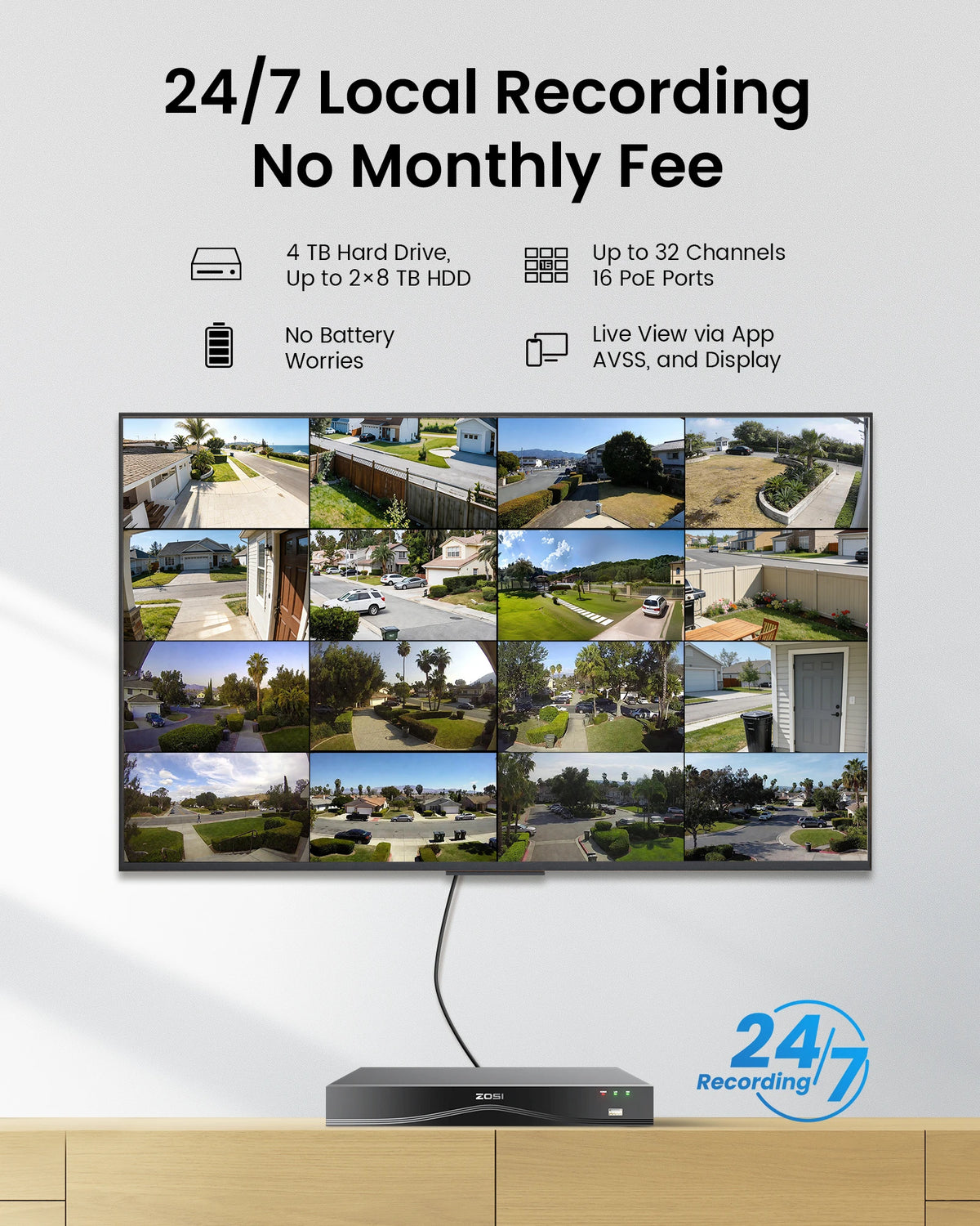 ZOSI 4K 8MP PoE Security Camera System 16 Port 32CH Dual-Disk NVR 4TB AI Detection Audio CCTV Surveillance for Home Business
