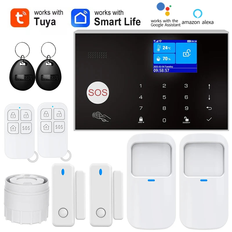 Alarm System for Home WIFI GSM Security Alarm Host Ant-theft with Door Gap PIR Motion Sensor Tuya Smart App control work Alexa