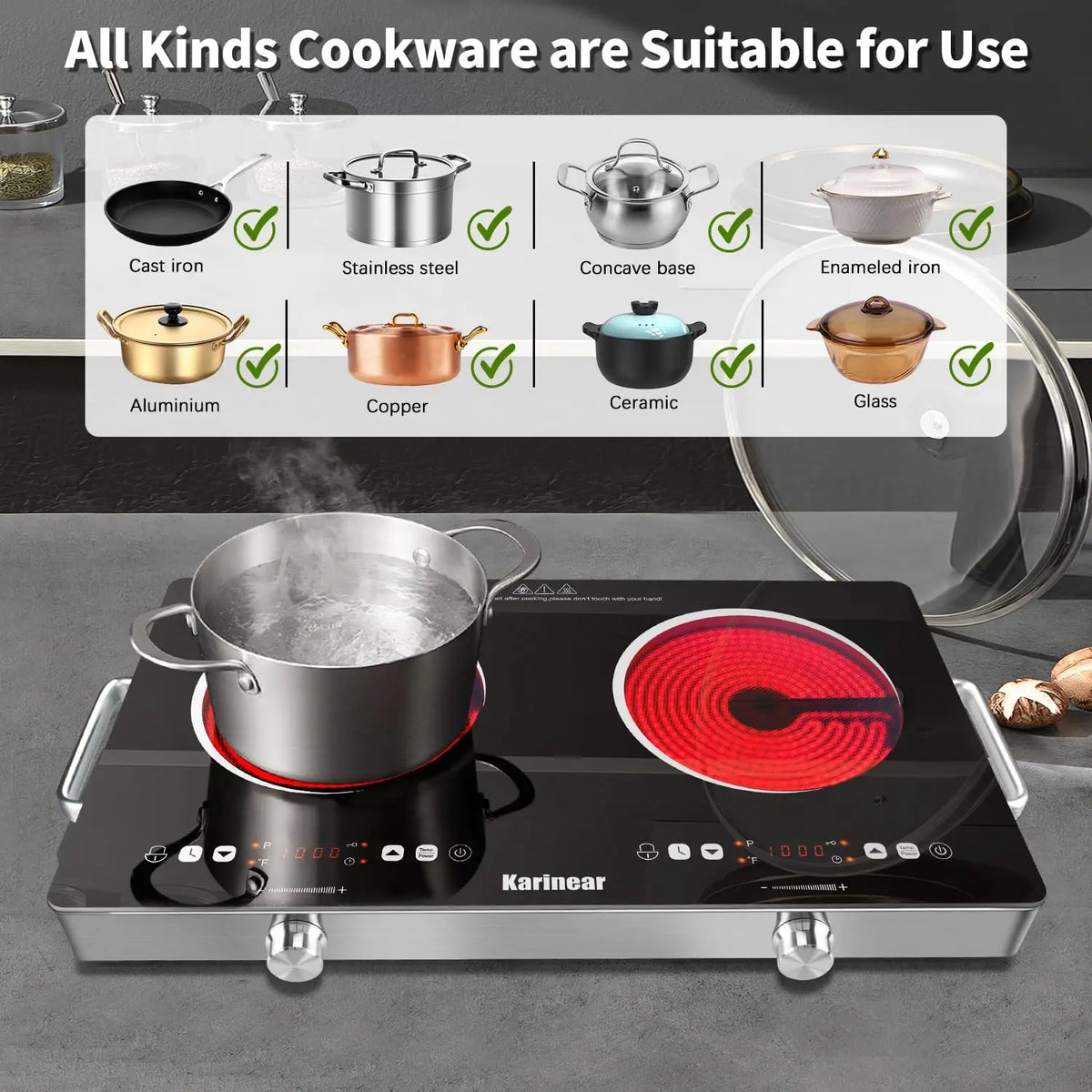 Karinear Ceramic Hob 2 Zones, 3200W Plug in Electric Hob with Safety Lock, Knobs&Touch Control, 56cm Coutertop Freestanding 240V