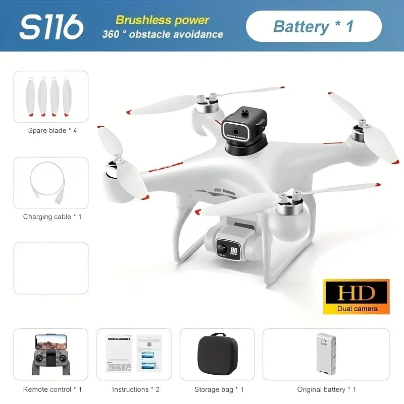 New Brushless Motor Optical Flow Positioning Drone S116，Built-in Electric Adjustable Camera Adjustable to 90° with LED Nightlight Drone Beginners' Favorite The Perfect Toy Gift,Perfect Toy & Gift for Adults,two batteries