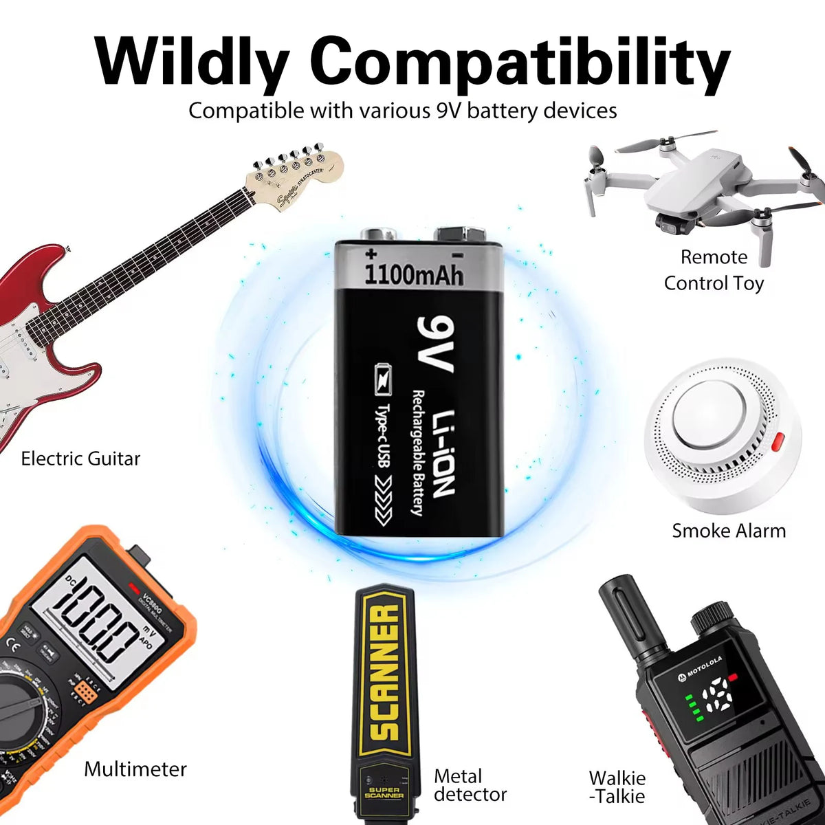 Kuugro USB 9V Rechargeable Battery 1100mAh Type-C Rechargeable 6F22 9V Li-ion Battery for RC Helicopeter Model Multimeter Toy