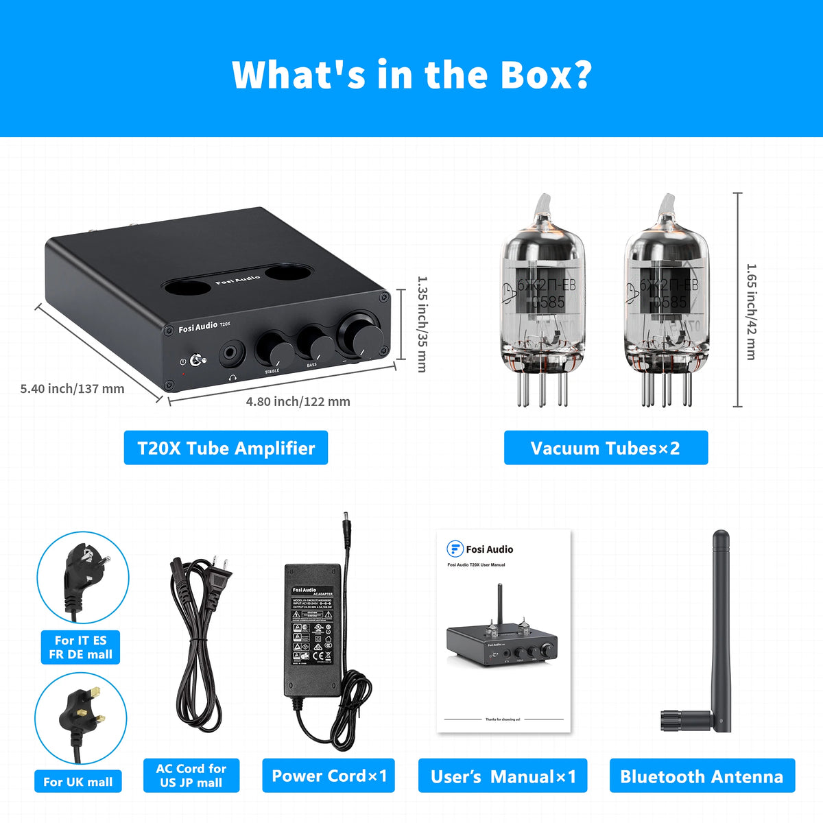 Fosi Audio T20X 100W Bluetooth Vacuum Tube Amplifier Stereo Power Amp TPA3221 Headphone Amplifier For Home Theater Speakers