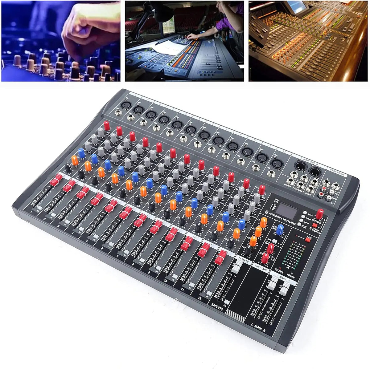 12 Channel Audio Mixer, DJ Bluetooth Mixing Console Sound Board USB Professional Mixer 48V Power XLR Microphone Jack