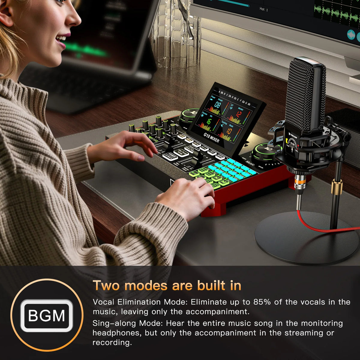 Tenlamp 6 Channe G10 Live Sound Card Audio Mixer with 3.5mm Mic XLR Gaming Interface,  G10-PKPRO Podcast Equipment Bundle Kit RGB DJ Effects for PC Smartphone Laptop Singing Streaming Recording YouTube Vlog