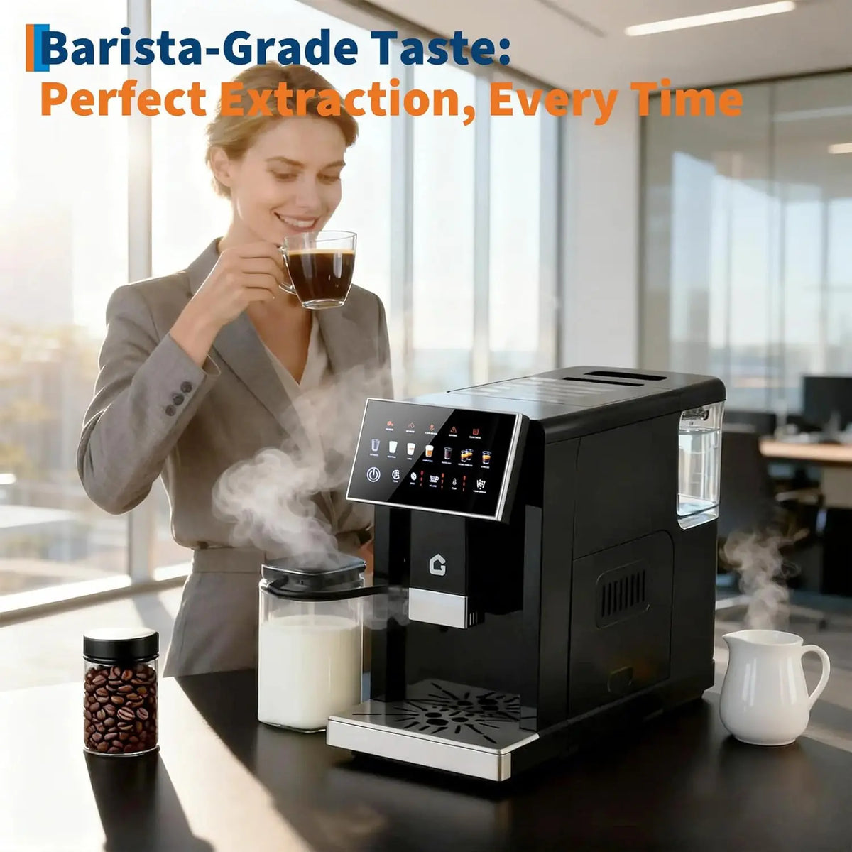 3rd-Gen Espresso Coffee Maker with Milk Frother - Removable Brewer & Grinder, Adjustable Coarseness/Flavor, Detachable Milk Tank