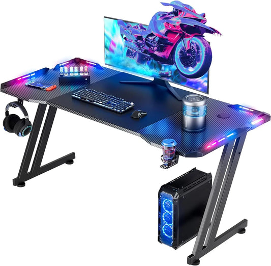 47"/55"/63" Gaming Desk with LED Lights, Carbon Fibre Surface Gaming Table, Large Computer Desk Ergonomic Home Office Desks, Z Shaped PC Gamer Workstations with Cup Holder & Headphone Hook, Black