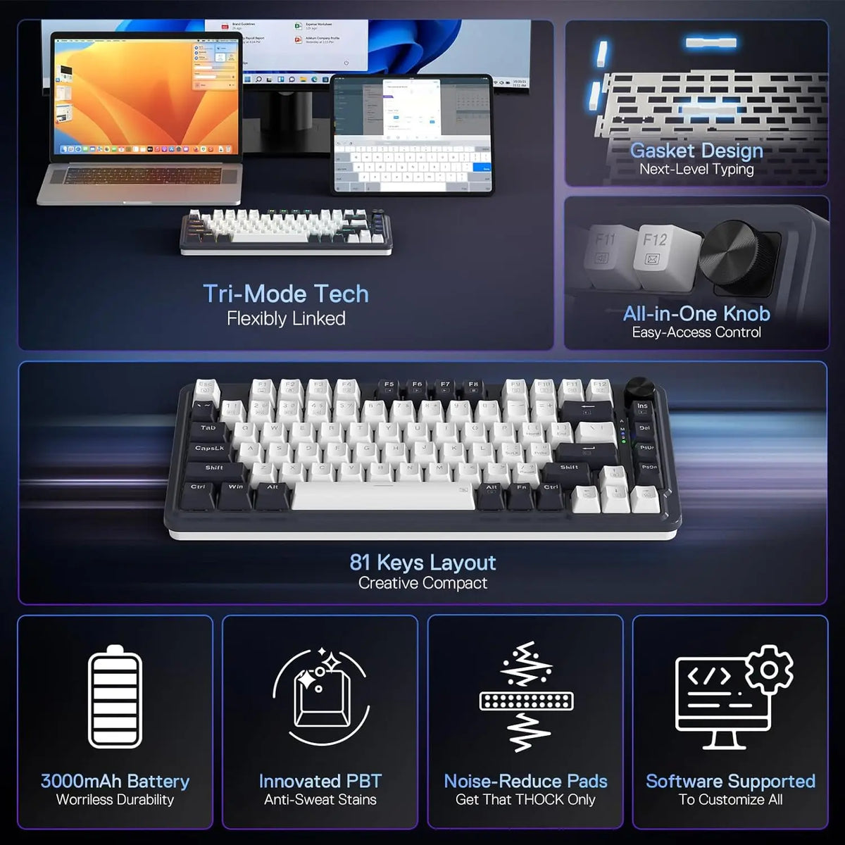 Redragon K673 PRO 75% Wireless Gasket RGB Gaming Keyboard, 3-Modes 81 Keys Compact Mechanical Keyboard Hot-Swap Red Switch