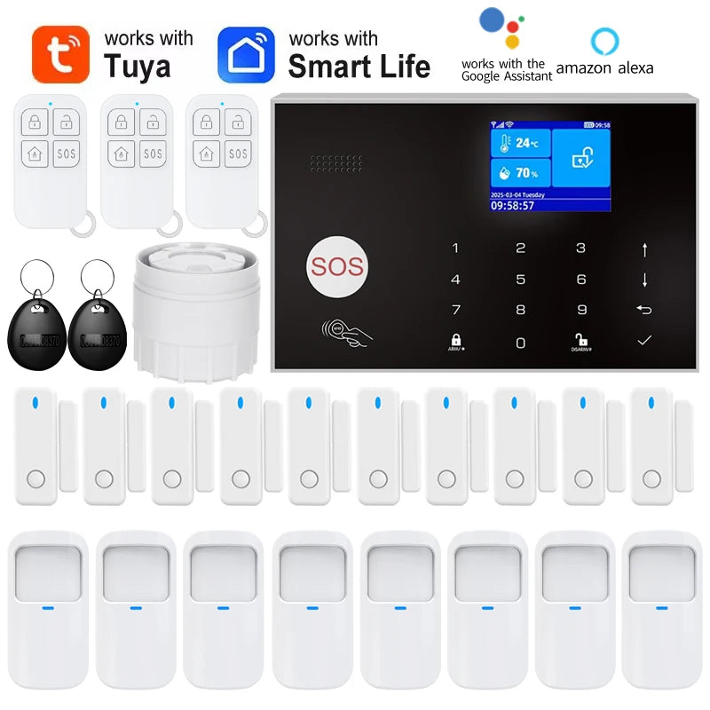 Alarm System for Home WIFI GSM Security Alarm Host Ant-theft with Door Gap PIR Motion Sensor Tuya Smart App control work Alexa