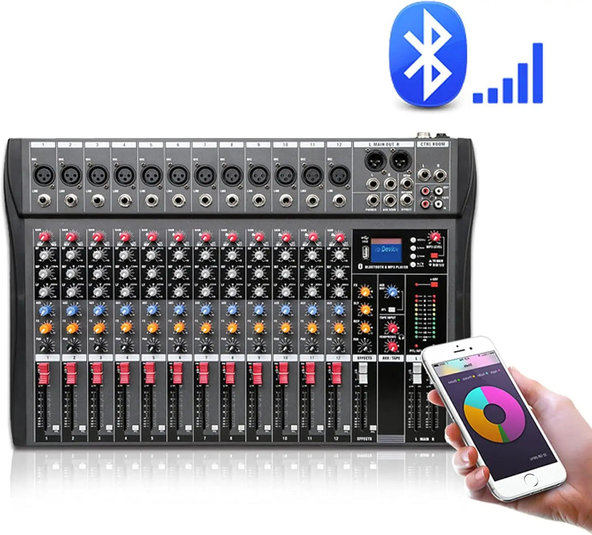 12 Channel Audio Mixer, DJ Bluetooth Mixing Console Sound Board USB Professional Mixer 48V Power XLR Microphone Jack