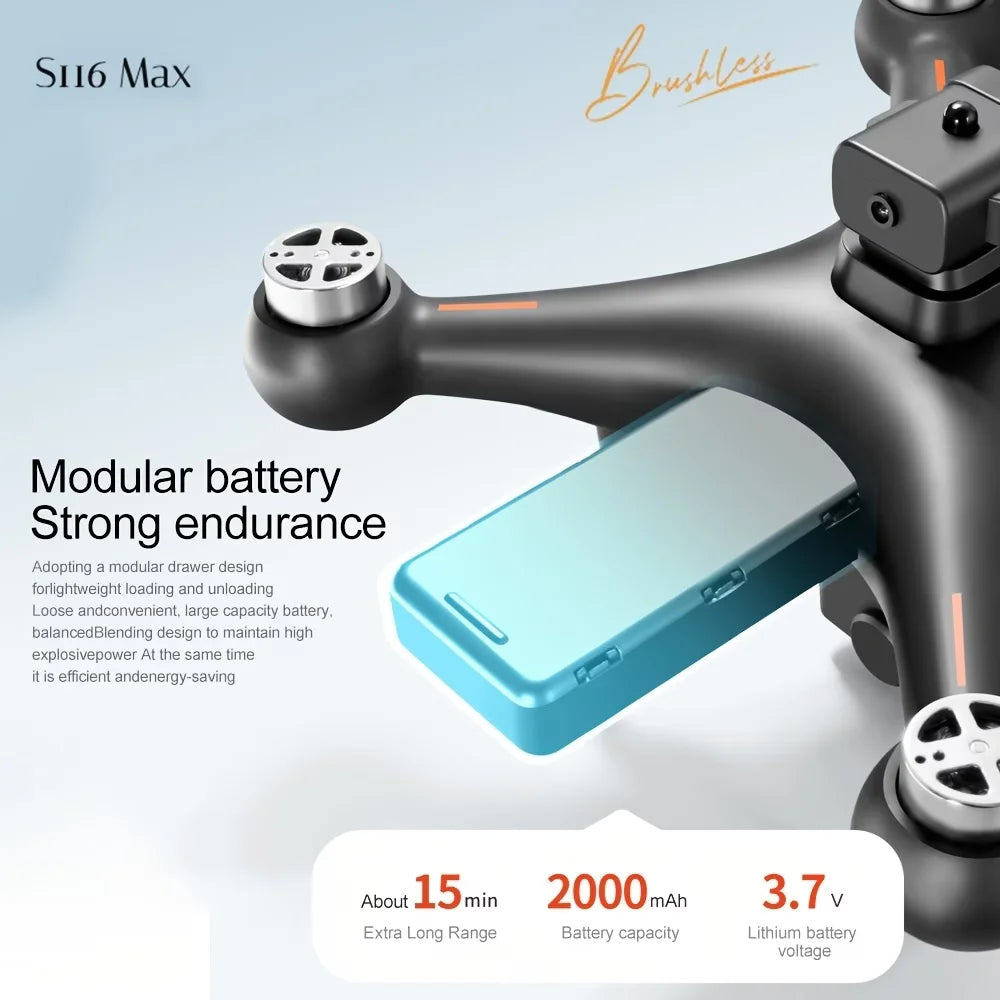 New Brushless Motor Optical Flow Positioning Drone S116，Built-in Electric Adjustable Camera Adjustable to 90° with LED Nightlight Drone Beginners' Favorite The Perfect Toy Gift,Perfect Toy & Gift for Adults,two batteries