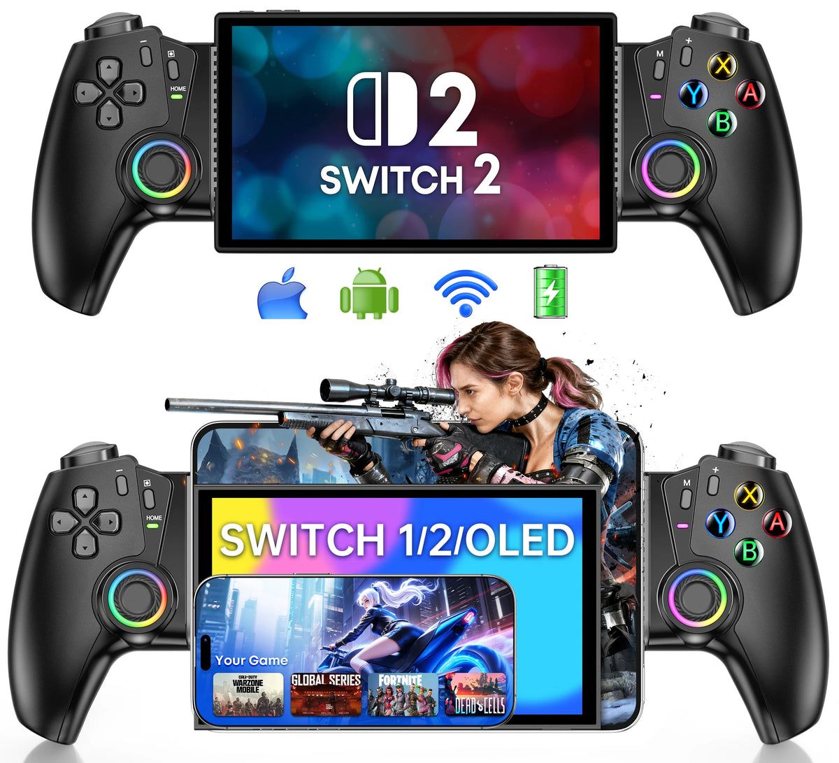 DinoFire Wireless Controller for IOS/Android/Switch1/2/OLED/iPad Mini With Hall Joystick, LED Mobile Gaming Controller
