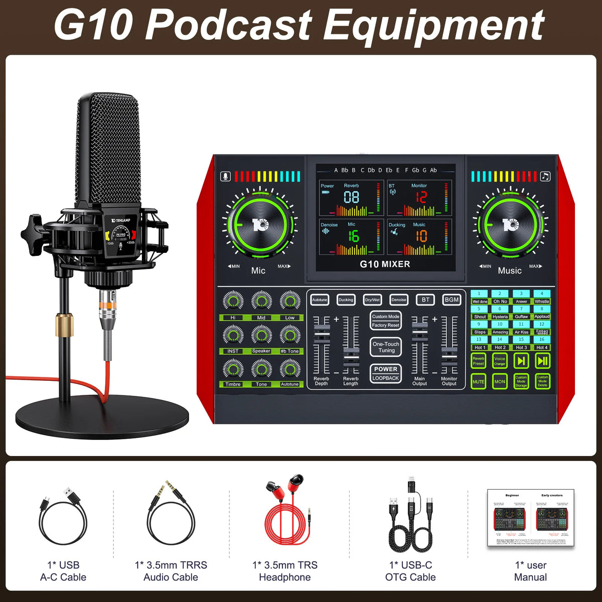 Tenlamp 6 Channe G10 Live Sound Card Audio Mixer with 3.5mm Mic XLR Gaming Interface,  G10-PKPRO Podcast Equipment Bundle Kit RGB DJ Effects for PC Smartphone Laptop Singing Streaming Recording YouTube Vlog