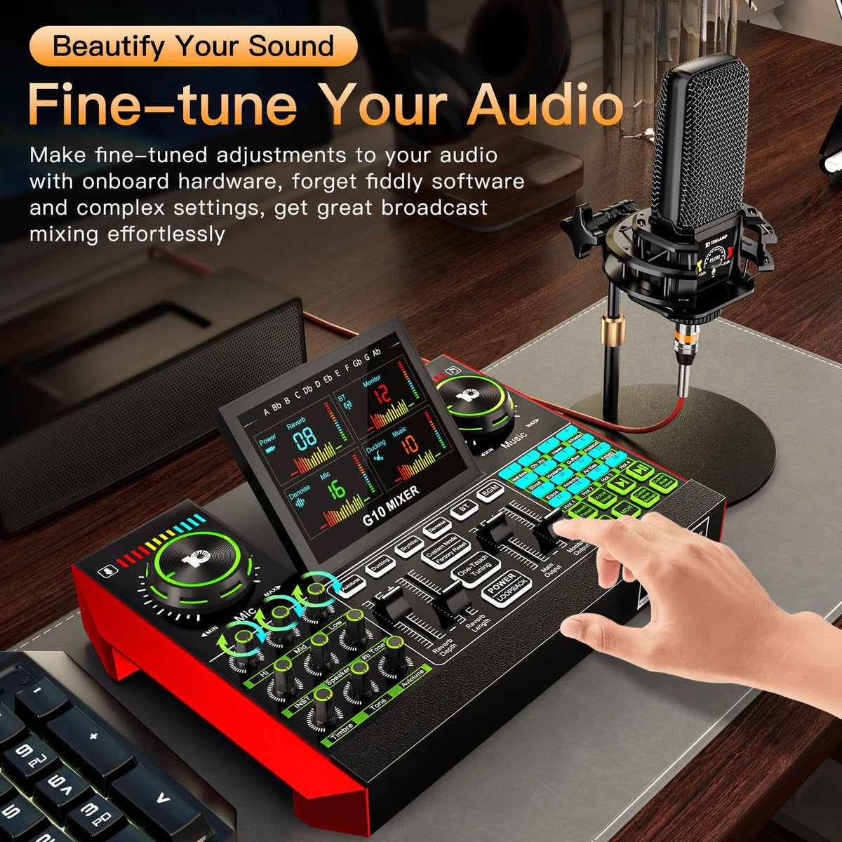 Tenlamp 6 Channe G10 Live Sound Card Audio Mixer with 3.5mm Mic XLR Gaming Interface,  G10-PKPRO Podcast Equipment Bundle Kit RGB DJ Effects for PC Smartphone Laptop Singing Streaming Recording YouTube Vlog