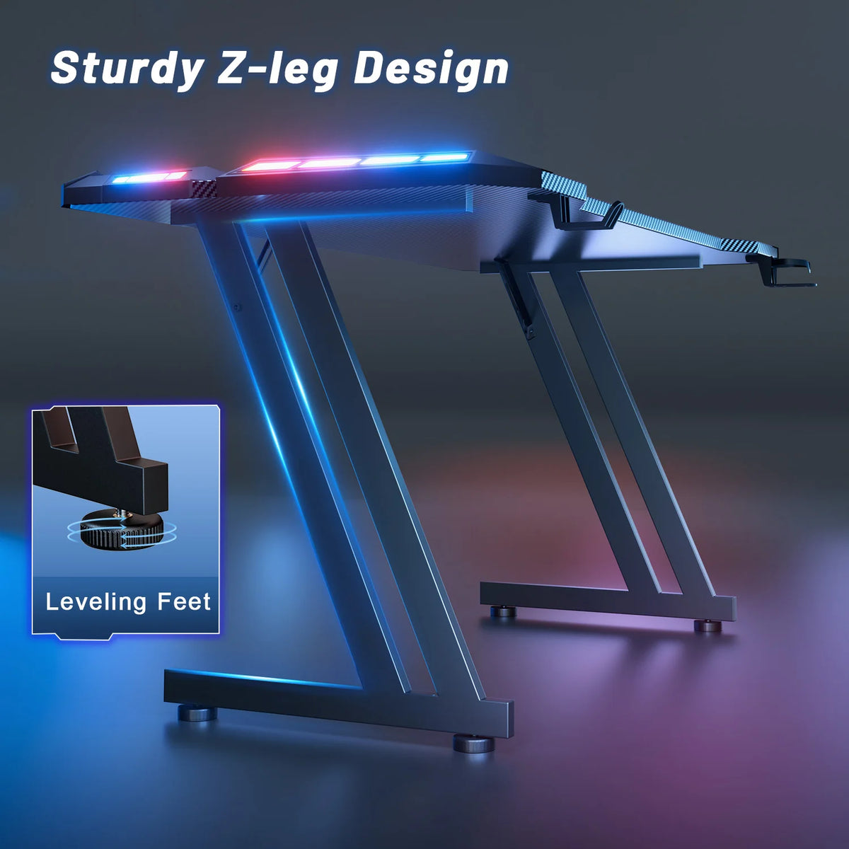 47"/55"/63" Gaming Desk with LED Lights, Carbon Fibre Surface Gaming Table, Large Computer Desk Ergonomic Home Office Desks, Z Shaped PC Gamer Workstations with Cup Holder & Headphone Hook, Black