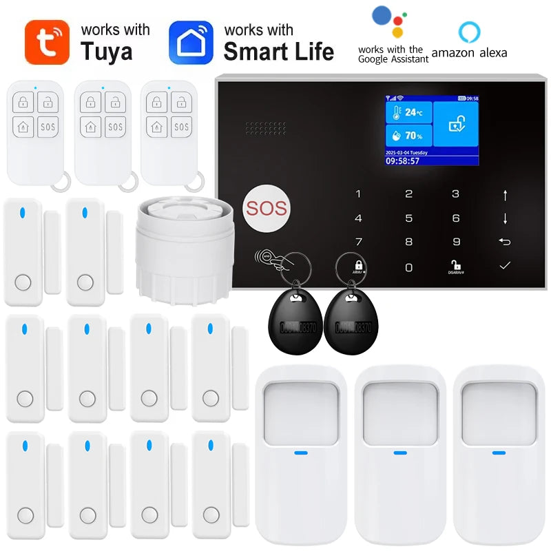 Alarm System for Home WIFI GSM Security Alarm Host Ant-theft with Door Gap PIR Motion Sensor Tuya Smart App control work Alexa