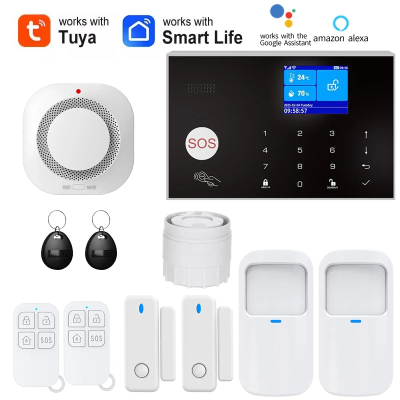 Alarm System for Home WIFI GSM Security Alarm Host Ant-theft with Door Gap PIR Motion Sensor Tuya Smart App control work Alexa