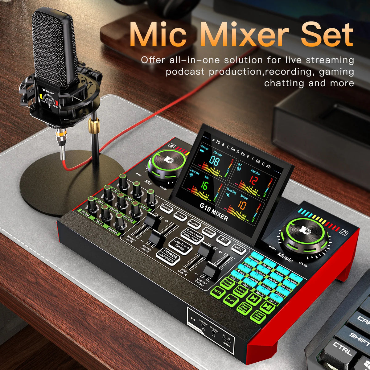 Tenlamp 6 Channe G10 Live Sound Card Audio Mixer with 3.5mm Mic XLR Gaming Interface,  G10-PKPRO Podcast Equipment Bundle Kit RGB DJ Effects for PC Smartphone Laptop Singing Streaming Recording YouTube Vlog