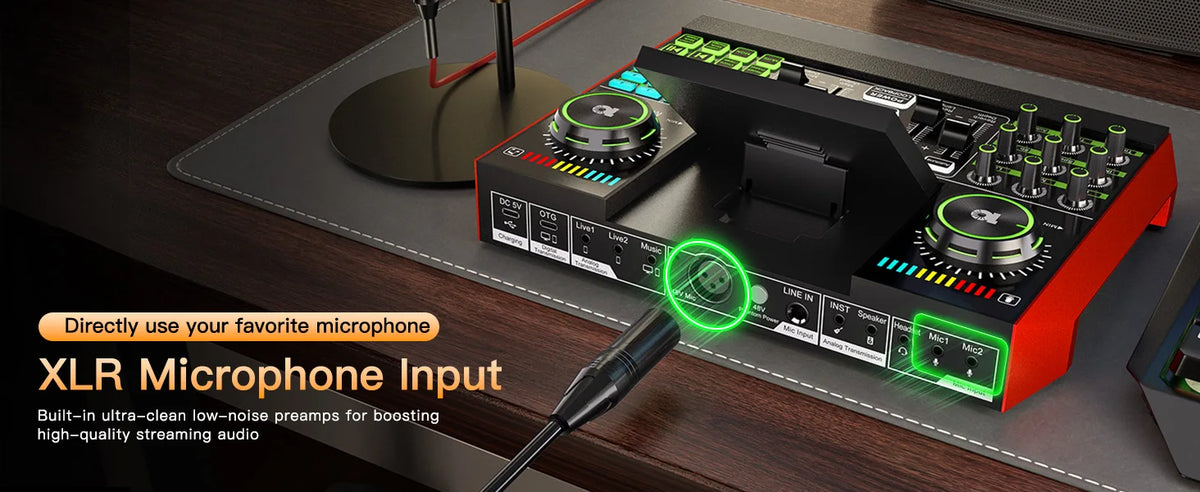 Tenlamp 6 Channe G10 Live Sound Card Audio Mixer with 3.5mm Mic XLR Gaming Interface,  G10-PKPRO Podcast Equipment Bundle Kit RGB DJ Effects for PC Smartphone Laptop Singing Streaming Recording YouTube Vlog
