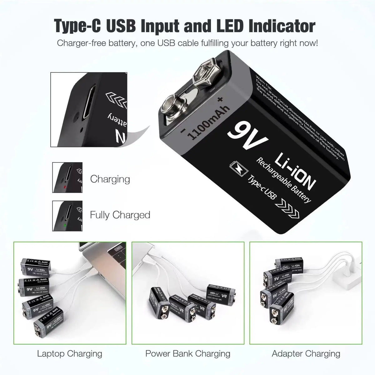 Kuugro USB 9V Rechargeable Battery 1100mAh Type-C Rechargeable 6F22 9V Li-ion Battery for RC Helicopeter Model Multimeter Toy