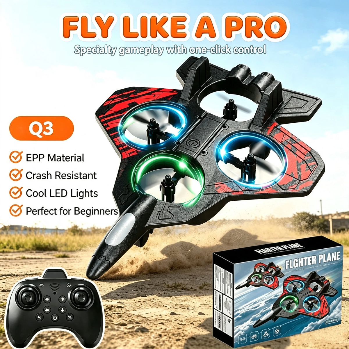 Q3 RC Fighter Plane Drone EPP Anti-Collision Foam Remote Control Aircraft With LED Lights One Key Takeoff Stunt Quadcopters Toys