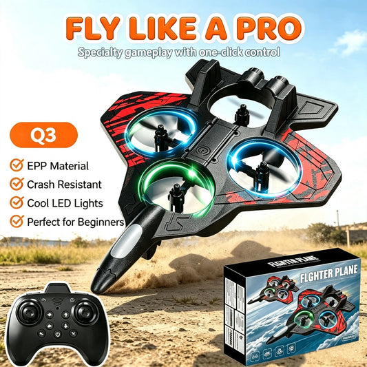 Q3 RC Fighter Plane Drone EPP Anti-Collision Foam Remote Control Aircraft With LED Lights One Key Takeoff Stunt Quadcopters Toys