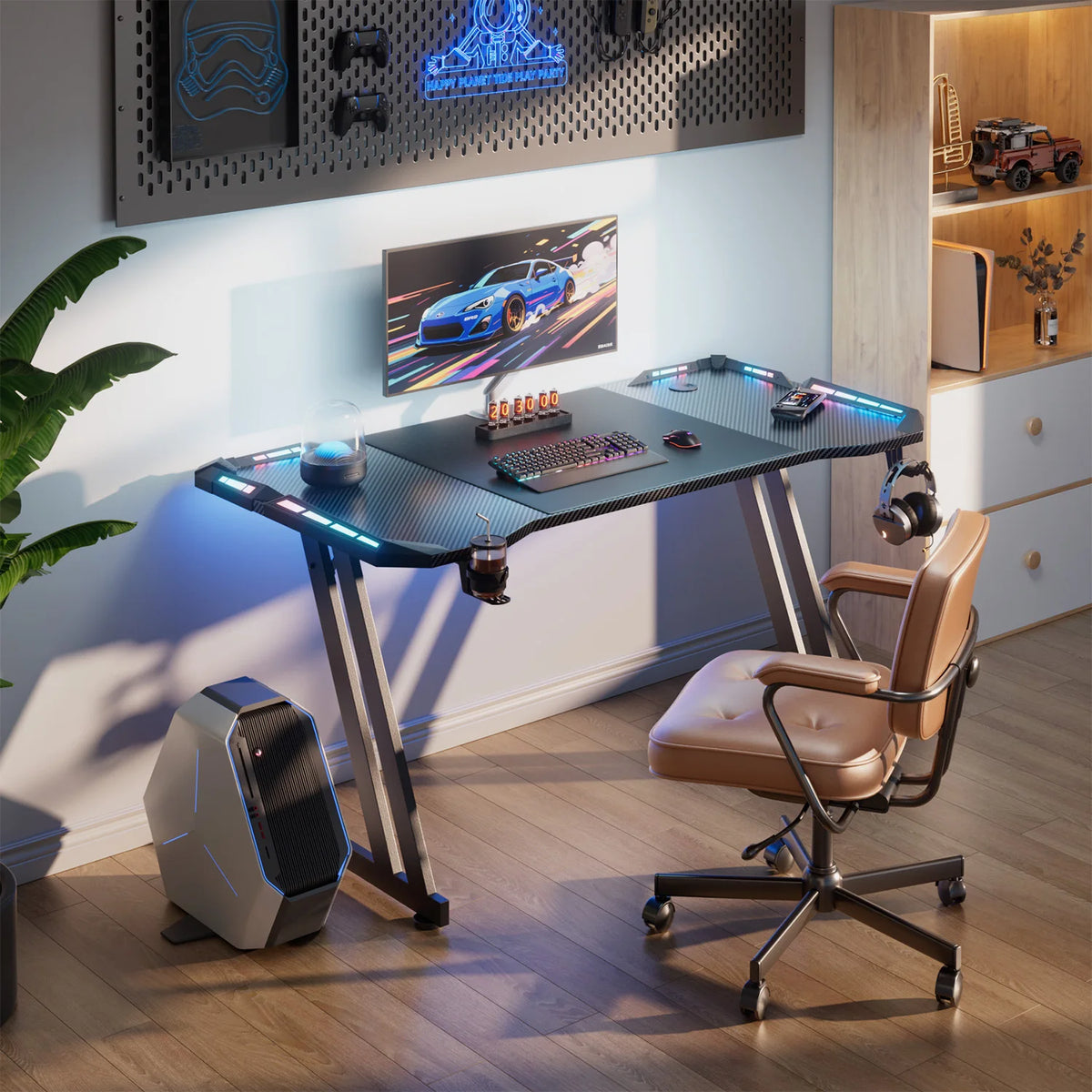 47"/55"/63" Gaming Desk with LED Lights, Carbon Fibre Surface Gaming Table, Large Computer Desk Ergonomic Home Office Desks, Z Shaped PC Gamer Workstations with Cup Holder & Headphone Hook, Black