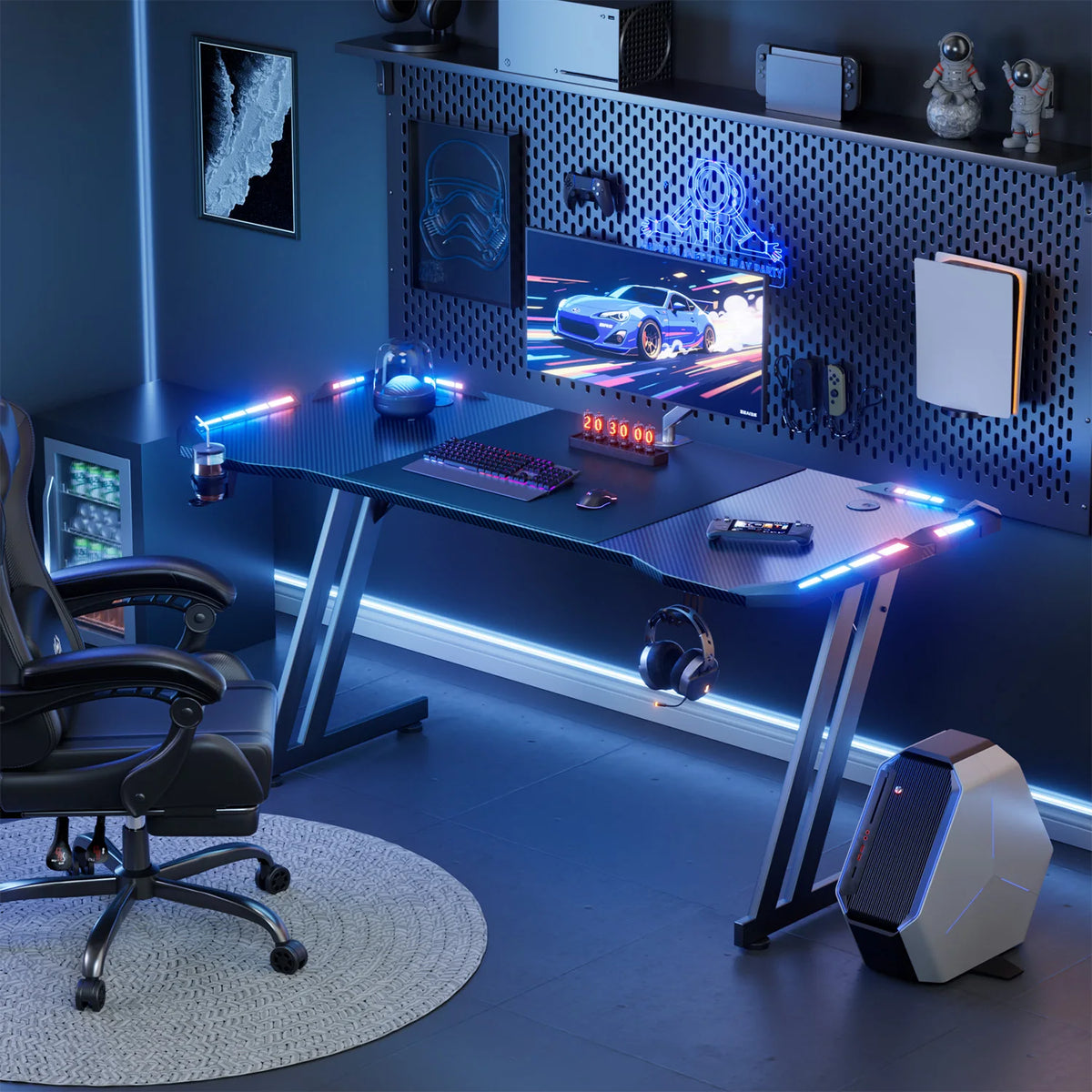47"/55"/63" Gaming Desk with LED Lights, Carbon Fibre Surface Gaming Table, Large Computer Desk Ergonomic Home Office Desks, Z Shaped PC Gamer Workstations with Cup Holder & Headphone Hook, Black