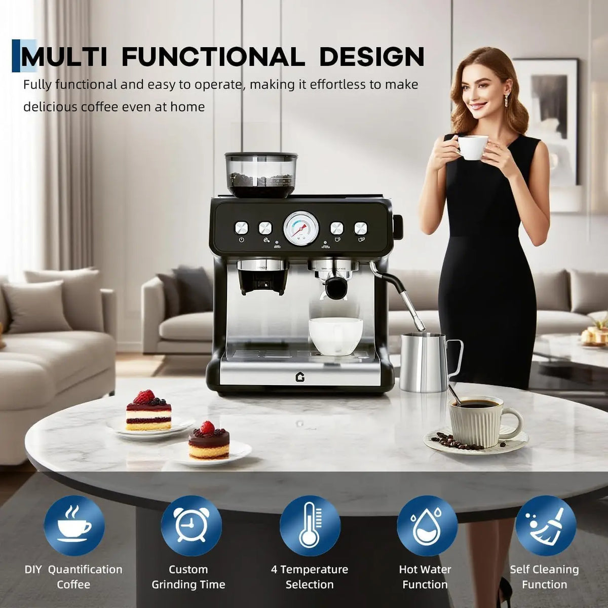 Espresso Machine With Grinder 20 Bar Stainless Steel Pressure Maker Featuring Removable 2.8L Water Tank Adjustable Shot Volume Professional For Home Barista And Office