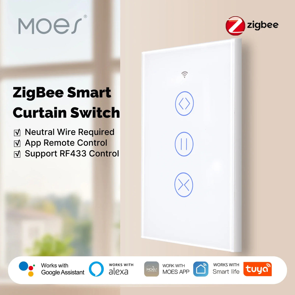 MOES Tuya ZigBee Smart Glass Touch Curtain Switch RF App Wireless Control Fireproof Neutral Wire Required With Alexa Google Home