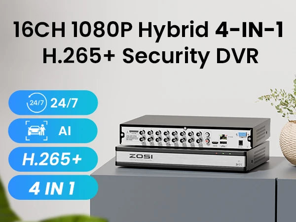 ZOSI 3K Lite H.265+ 16 Channel Video Security DVR Recorder AI Detection 16CH Hybrid 4-in-1 CCTV DVR for Home Surveillance System