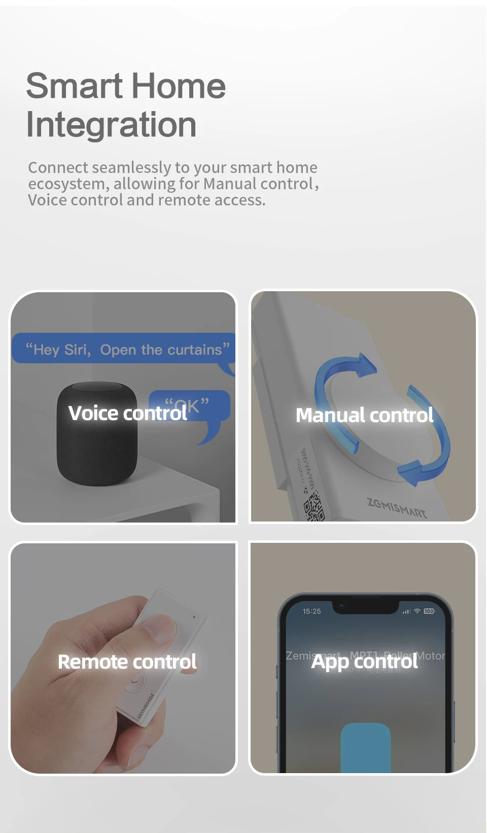Zemismart Matter Thread Smart Roller Shade Driver Built-in Battery Knob Control Work with Homekit Alexa Google Home Smartthings