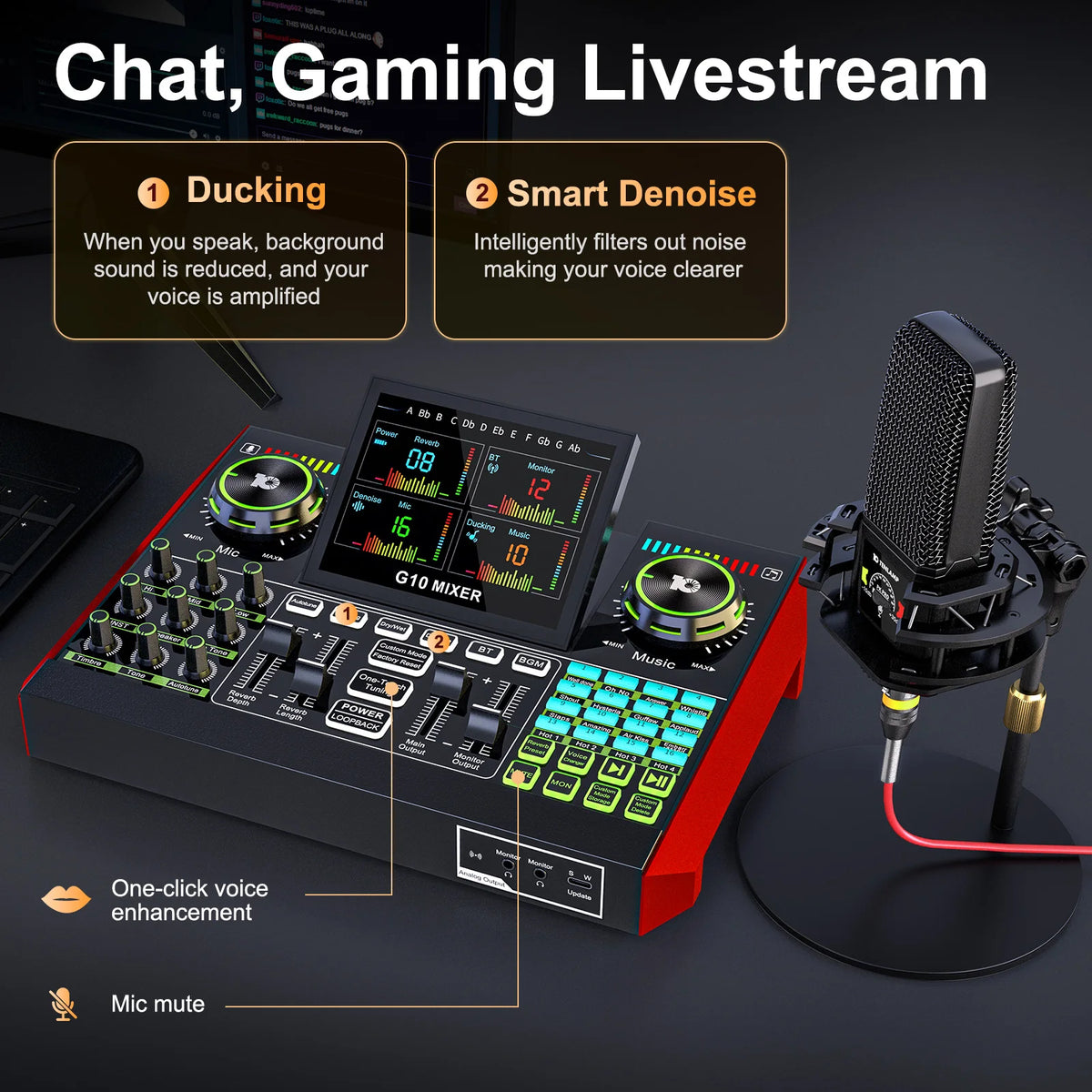 Tenlamp 6 Channe G10 Live Sound Card Audio Mixer with 3.5mm Mic XLR Gaming Interface,  G10-PKPRO Podcast Equipment Bundle Kit RGB DJ Effects for PC Smartphone Laptop Singing Streaming Recording YouTube Vlog