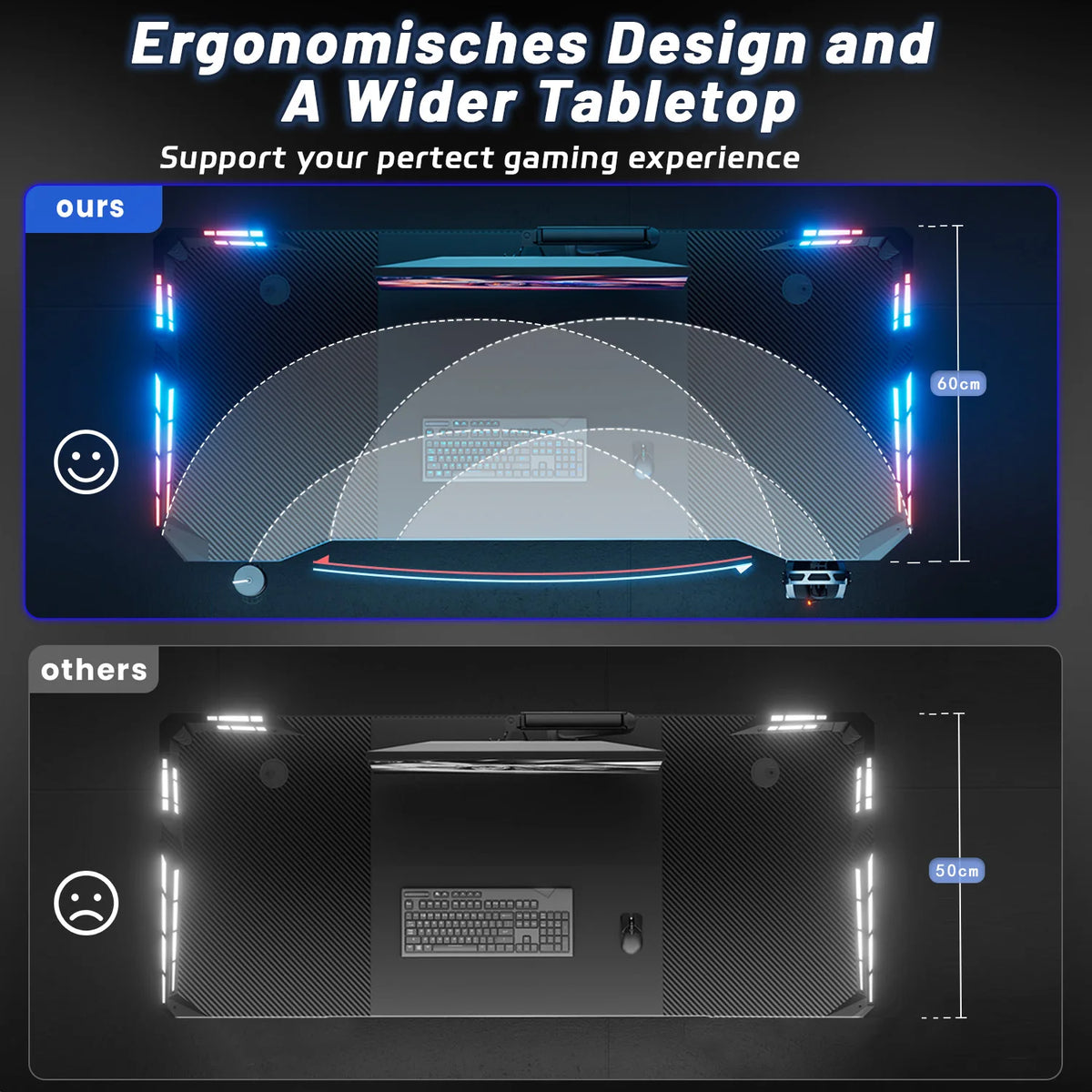 47"/55"/63" Gaming Desk with LED Lights, Carbon Fibre Surface Gaming Table, Large Computer Desk Ergonomic Home Office Desks, Z Shaped PC Gamer Workstations with Cup Holder & Headphone Hook, Black
