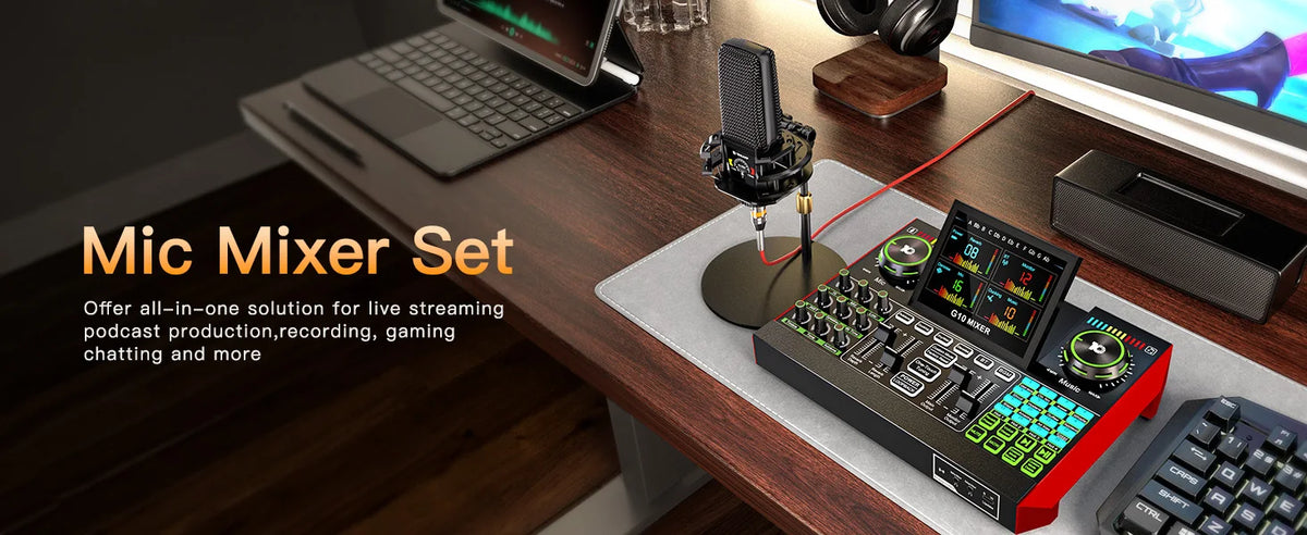 Tenlamp 6 Channe G10 Live Sound Card Audio Mixer with 3.5mm Mic XLR Gaming Interface,  G10-PKPRO Podcast Equipment Bundle Kit RGB DJ Effects for PC Smartphone Laptop Singing Streaming Recording YouTube Vlog