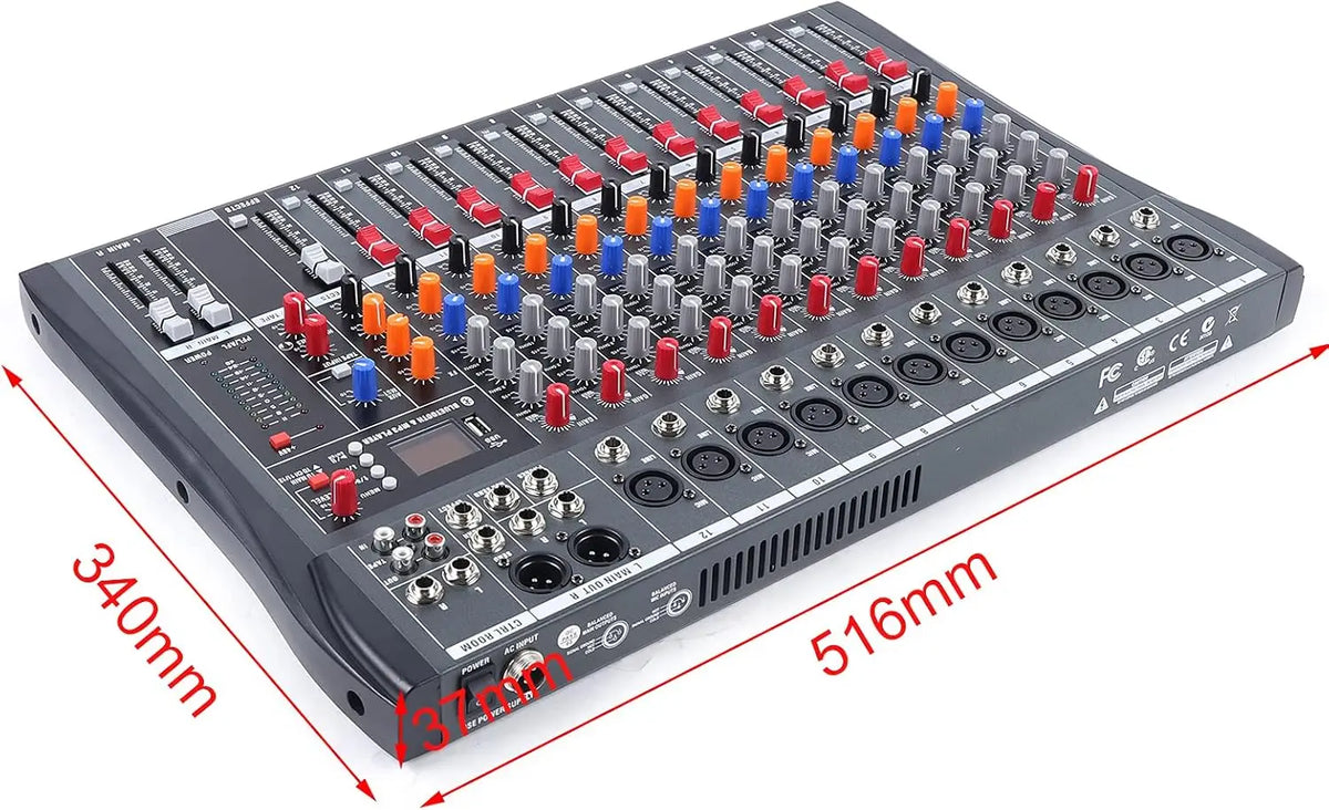 12 Channel Audio Mixer, DJ Bluetooth Mixing Console Sound Board USB Professional Mixer 48V Power XLR Microphone Jack