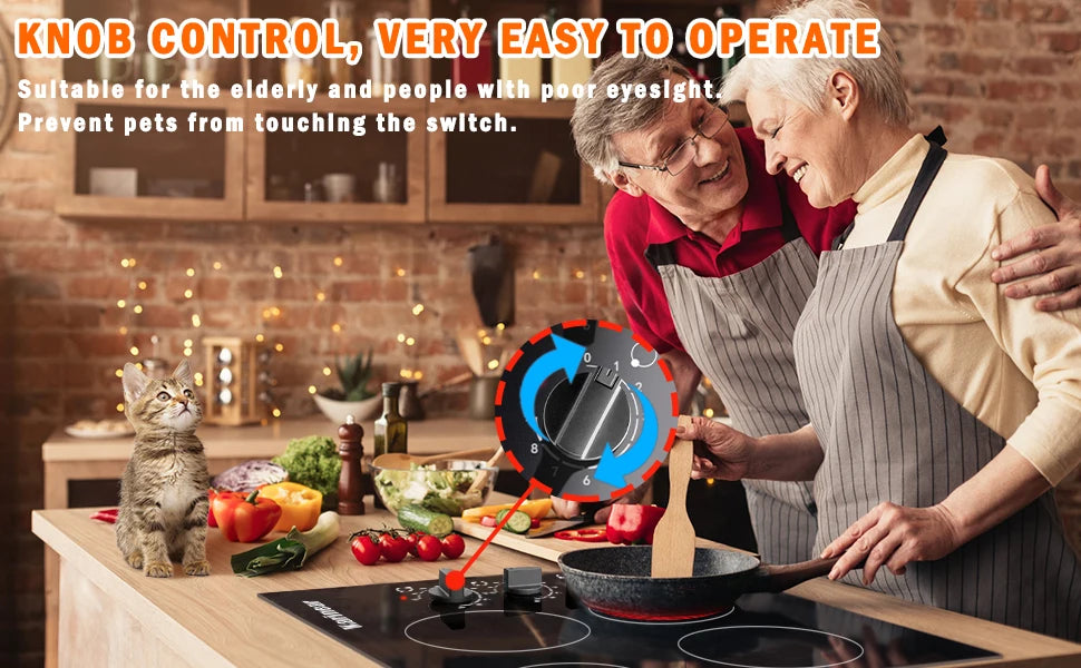 Karinear 4 Burners Electric Cooktop, 24 Inch Built-in, 220-240v, 6000W, Knob Control, Residual Heat Indicator,Hard Wire(No Plug)
